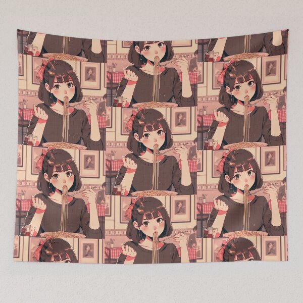 Item preview, Girl Eating Spaghetti Digital Art Retro Anime #1 designed and sold by AIrtisticPrints.