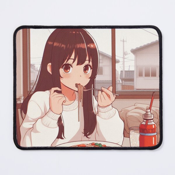 Item preview, Girl Eating Spaghetti Digital Art Retro Anime #2 designed and sold by AIrtisticPrints.