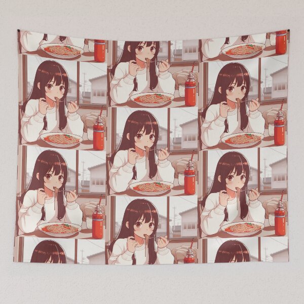 Item preview, Girl Eating Spaghetti Digital Art Retro Anime #2 designed and sold by AIrtisticPrints.