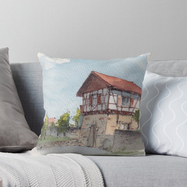 Watercolor painting of wineyard in Hoheneck Throw Pillow