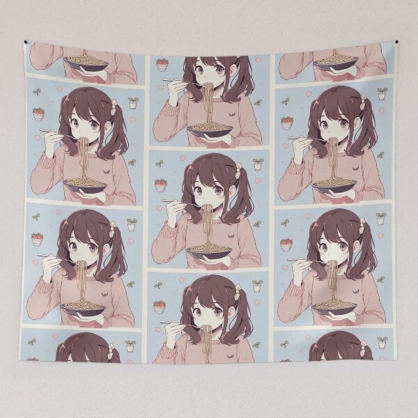Item preview, Girl Eating Spaghetti Digital Art Retro Anime #4 designed and sold by AIrtisticPrints.