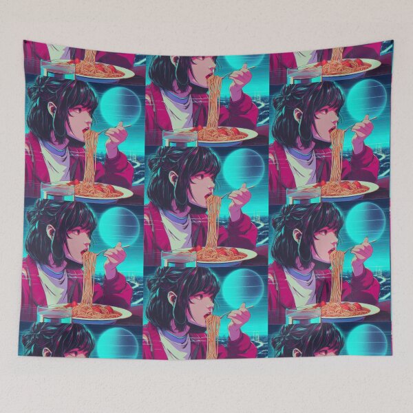 Item preview, Girl Eating Spaghetti Digital Art Retrowave #1 designed and sold by AIrtisticPrints.