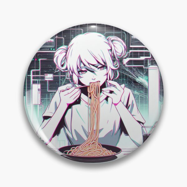 Artikelvorschau, Mädchen isst Spaghetti, digitale Kunst, psychedelischer Retro-Anime entworfen und verkauft von AIrtisticPrints.