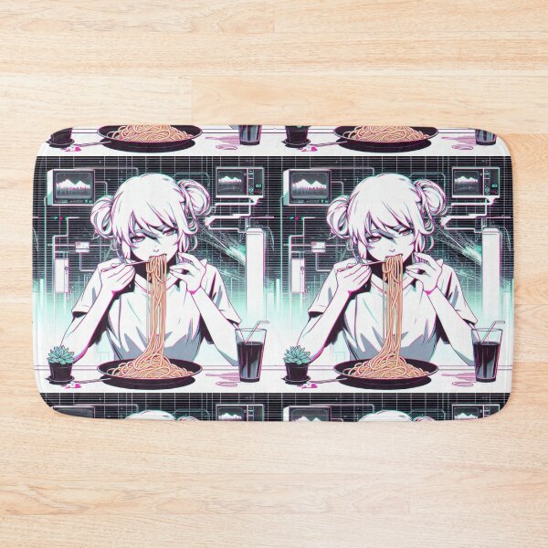 Item preview, Girl Eating Spaghetti Digital Art Psychedelic Retro Anime designed and sold by AIrtisticPrints.