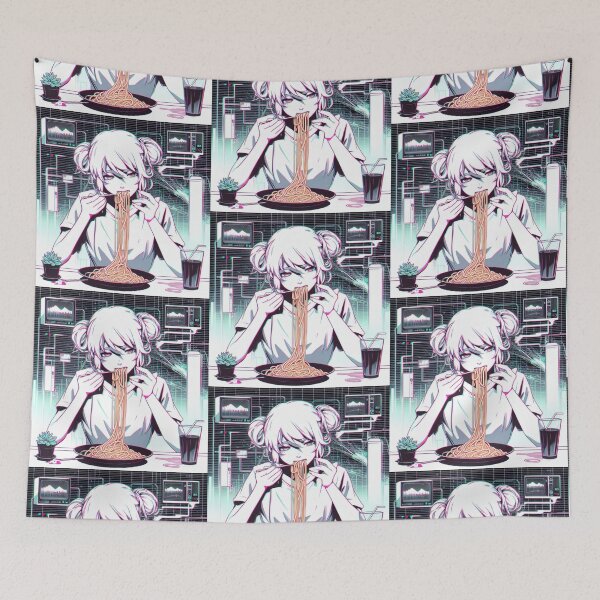 Item preview, Girl Eating Spaghetti Digital Art Psychedelic Retro Anime designed and sold by AIrtisticPrints.