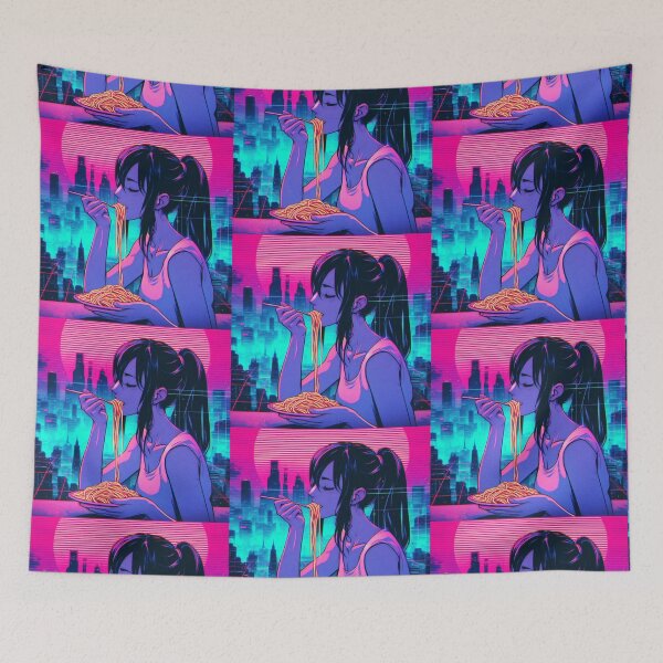 Item preview, Girl Eating Spaghetti Digital Art Retrowave #2 designed and sold by AIrtisticPrints.