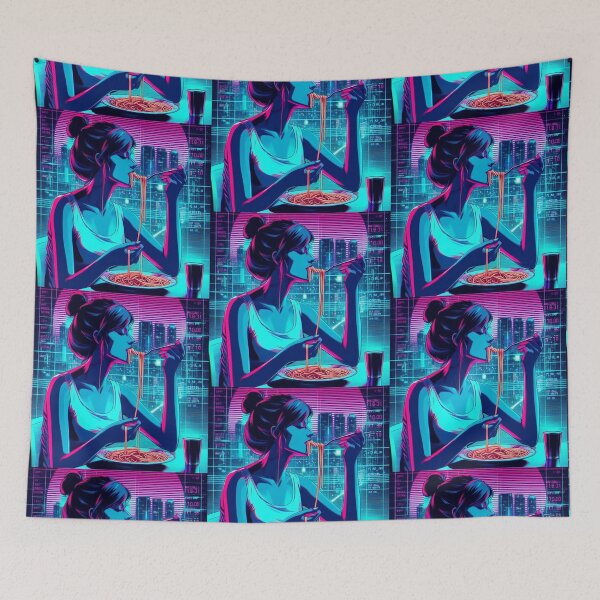 Item preview, Girl Eating Spaghetti Digital Art Retrowave #3 designed and sold by AIrtisticPrints.