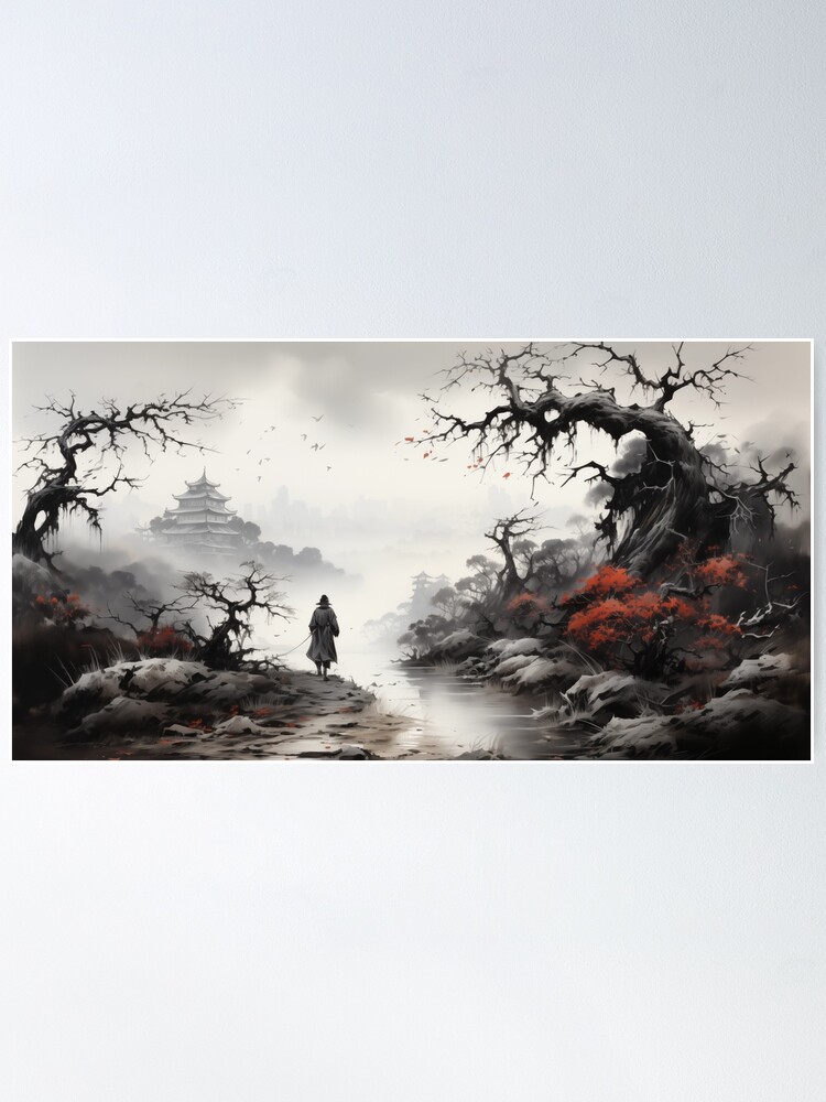 Japanese Watercolor Landscape With Samurai Battle Fantasy Painting