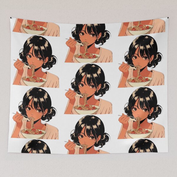 Item preview, Girl Eating Spaghetti Digital Art Italian Retro Anime no background #3 designed and sold by AIrtisticPrints.