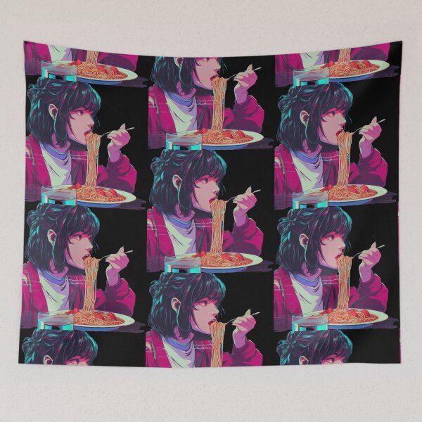 Item preview, Girl Eating Spaghetti Digital Art Retrowave no background #1 designed and sold by AIrtisticPrints.