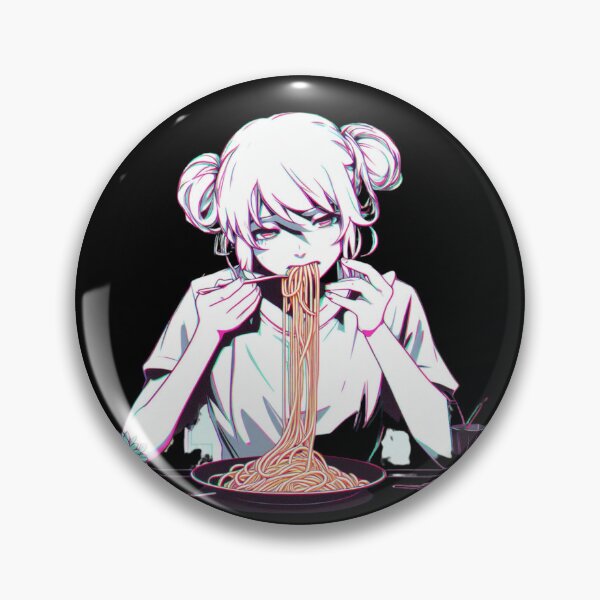 Artikelvorschau, Mädchen isst Spaghetti, digitale Kunst, psychedelischer Retro-Anime, kein Hintergrund entworfen und verkauft von AIrtisticPrints.