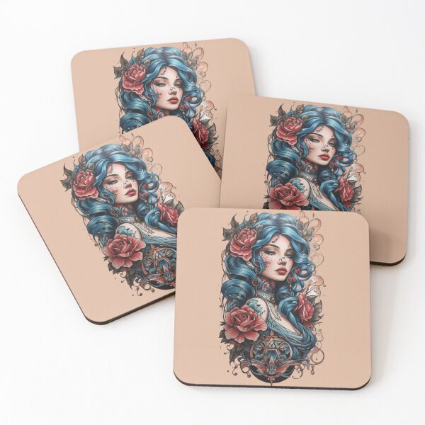 Artikelvorschau, NeoTraditional, Blauhaariges Mädchen mit Rosen, limitiert entworfen und verkauft von LakesideStore8K.