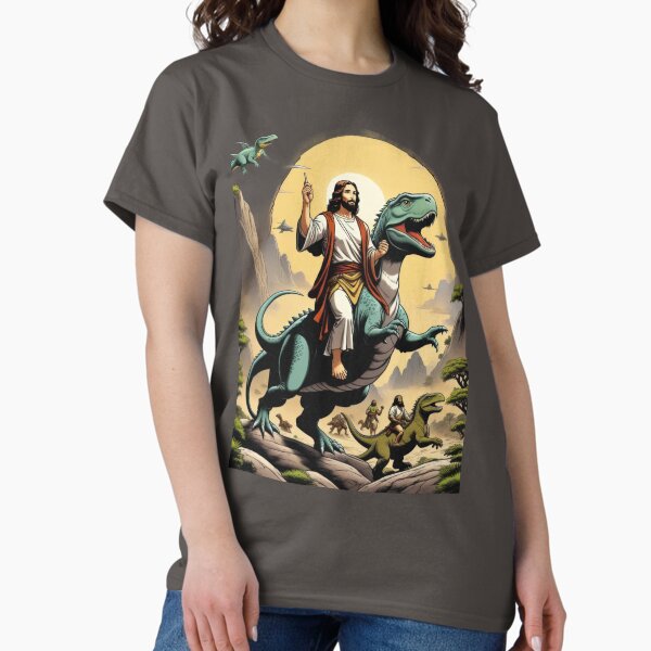 Vista previa del artículo con la obra «Jesucristo montando un dinosaurio. La peculiar historia de Jesucristo montando un dinosaurio T-REX: un giro divertido sobre el cristianismo y la evolución de Darwin. Regalo para frikis, Regalo para amantes de la ciencia, Regalo para profesores», diseñado y vendido por ANIME-CYBERPUNK.