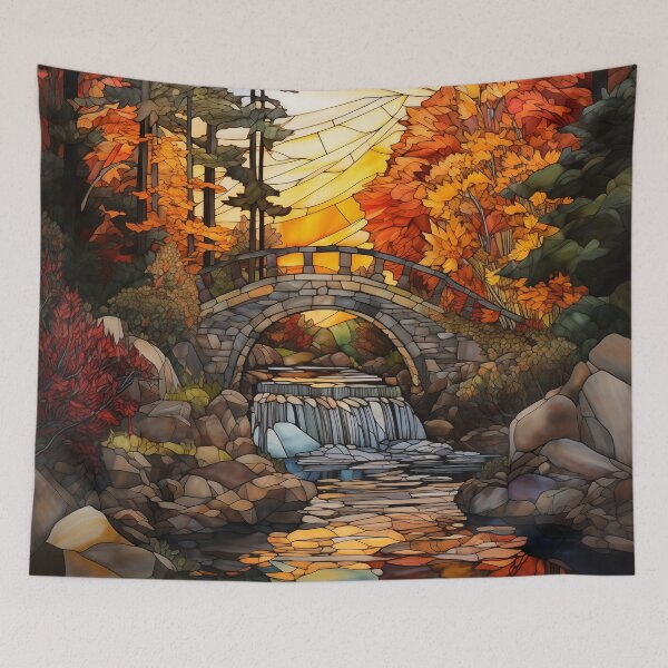 Item preview, Stained Glass Sunset Over Arched Stone Bridge designed and sold by Matt's Artificial Nature.