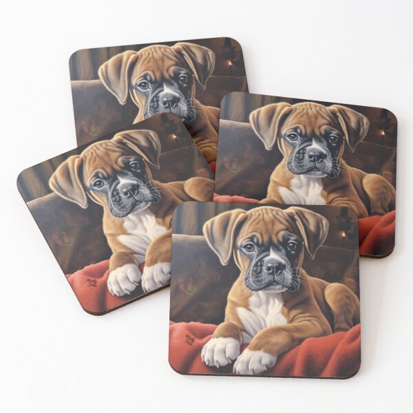 Item preview, little cute puppy boxer dog lies on red blanket designed and sold by WallyPink.