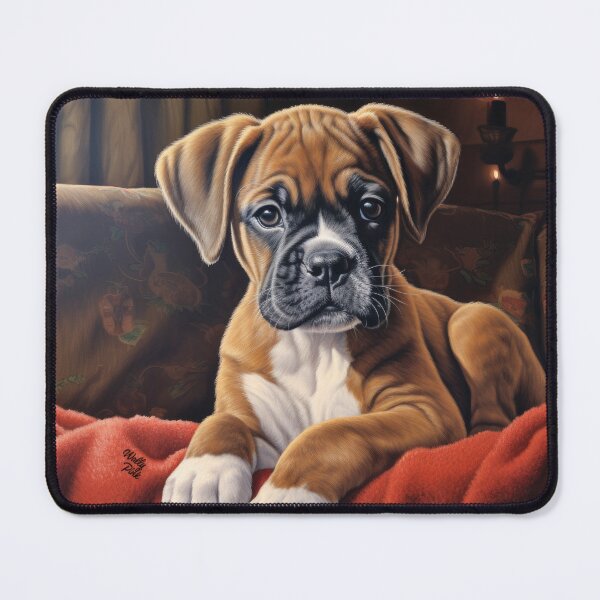 Item preview, little cute puppy boxer dog lies on red blanket designed and sold by WallyPink.