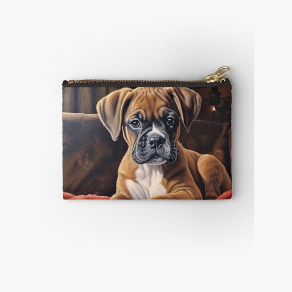 Item preview, little cute puppy boxer dog lies on red blanket designed and sold by WallyPink.