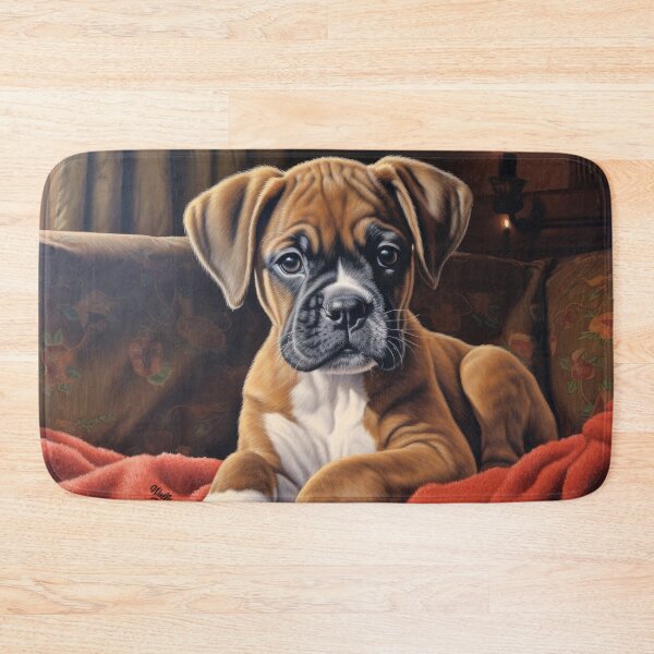 Item preview, little cute puppy boxer dog lies on red blanket designed and sold by WallyPink.