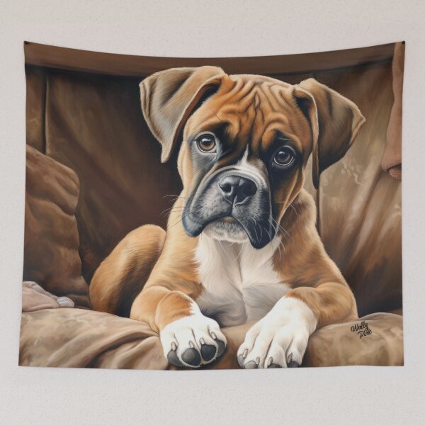 Item preview, cute boxer dog puppy lying on sofa designed and sold by WallyPink.