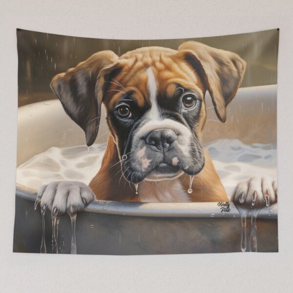 Item preview, cute little dog puppy boxer in the bathtub designed and sold by WallyPink.