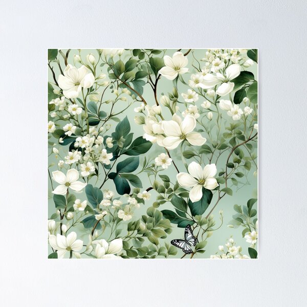 Item preview, White flowers on green background designed and sold by tivaslove.