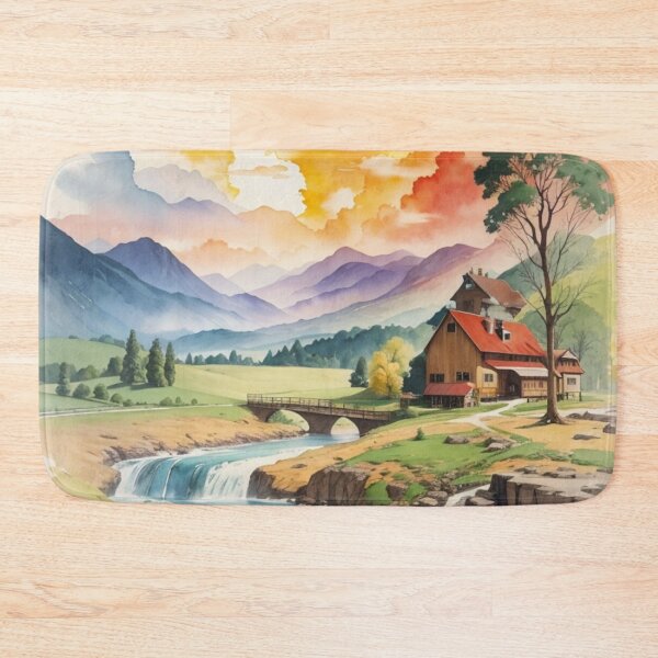 Item preview, 002 Serene Painting Landscape of a Mill with the River and Mountain designed and sold by Alexis Art Collection.