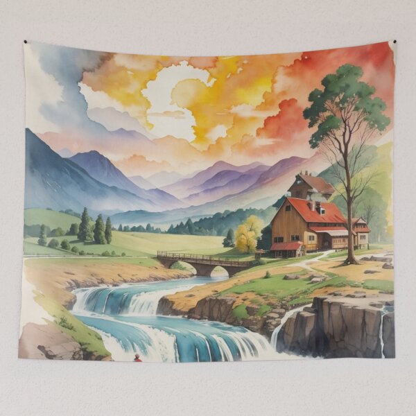 Item preview, 002 Serene Painting Landscape of a Mill with the River and Mountain designed and sold by Alexis Art Collection.
