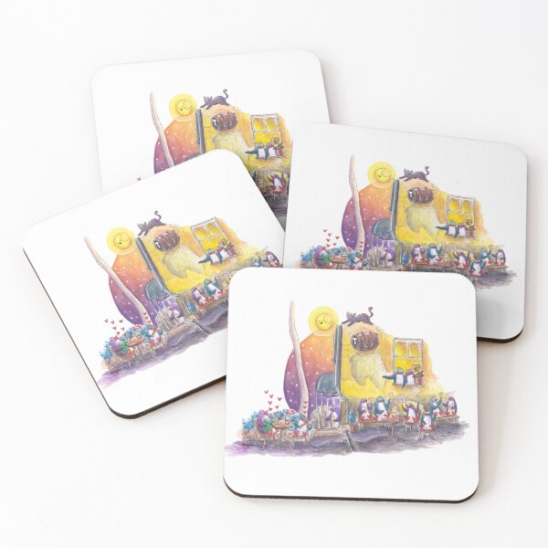 Item preview, Penguins enjoying a night out outside a small pub in yellow building. designed and sold by PenguinGirl-Art.