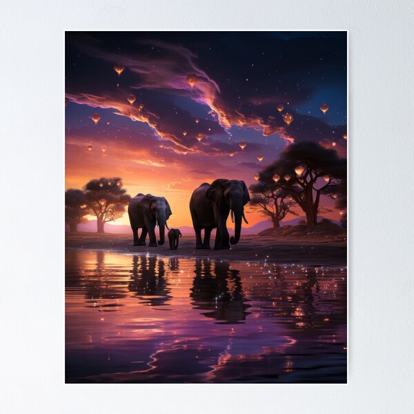 Item preview, Elephant Herd at Sunset by the River in Nature Reserve designed and sold by Domitian Tincaba.