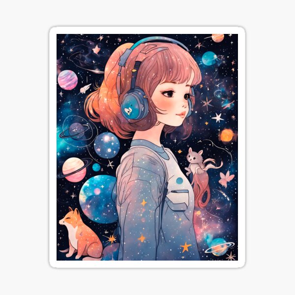 Girl With Headphones Listening To Music Sticker