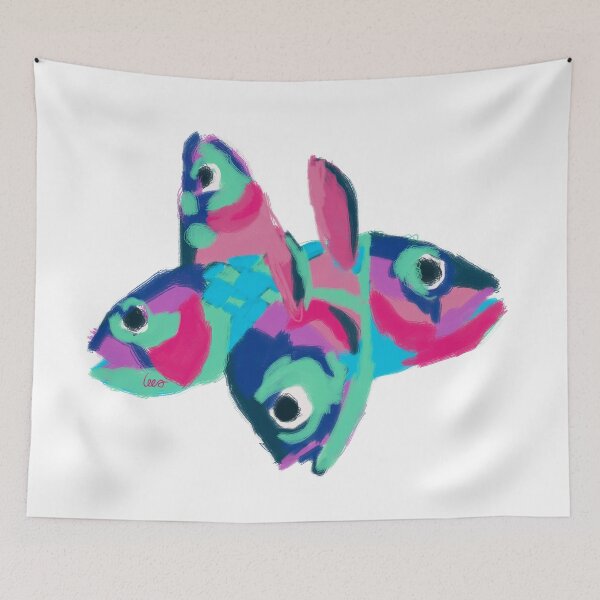 Item preview, Multicolored fish heads (white background) designed and sold by MentaLee.