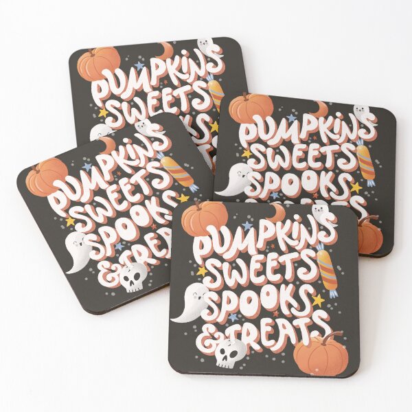Item preview, Happy Halloween illustration with hand lettering message and cute ghosts and pumpkins, dark designed and sold by BlueLela.