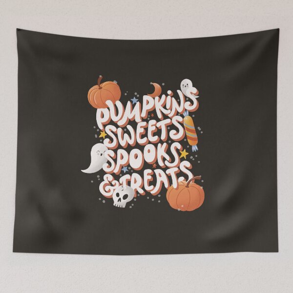 Item preview, Happy Halloween illustration with hand lettering message and cute ghosts and pumpkins, dark designed and sold by BlueLela.
