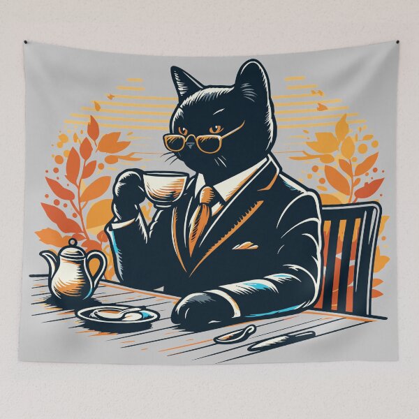 Item preview, Luxury chic black cat drinking tea designed and sold by tasilrio.