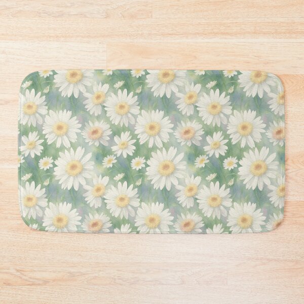 Watercolor Green Background With Big White Daisy Bath Mat