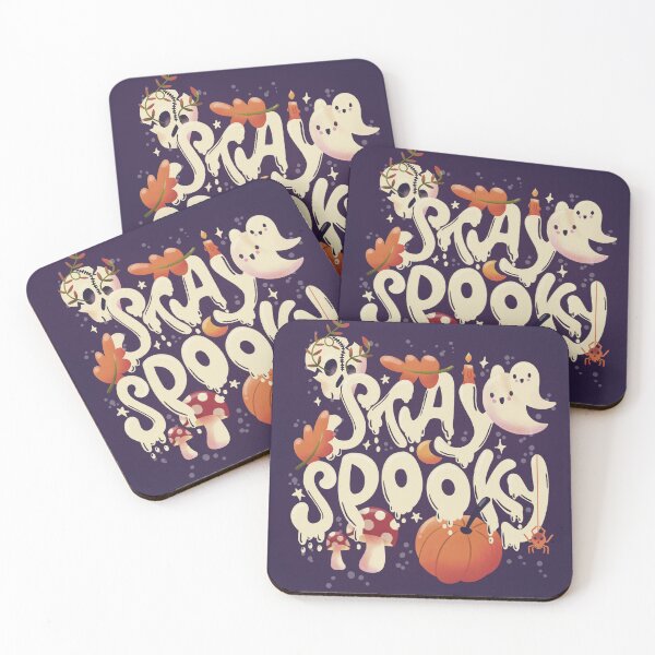 Item preview, Happy Halloween illustration with hand lettering message and cute ghosts, dark. Stay spooky! designed and sold by BlueLela.