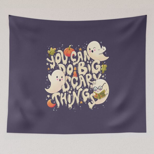 Item preview, Happy Halloween illustration with hand lettering message and cute ghosts, pumpkins and a book. You can do big scary things.  designed and sold by BlueLela.