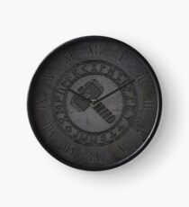 Odin Thor Hammer Mjölnir with Norse Runes eroded grunge - Norse Viking Mythology engraved rock texture Clock