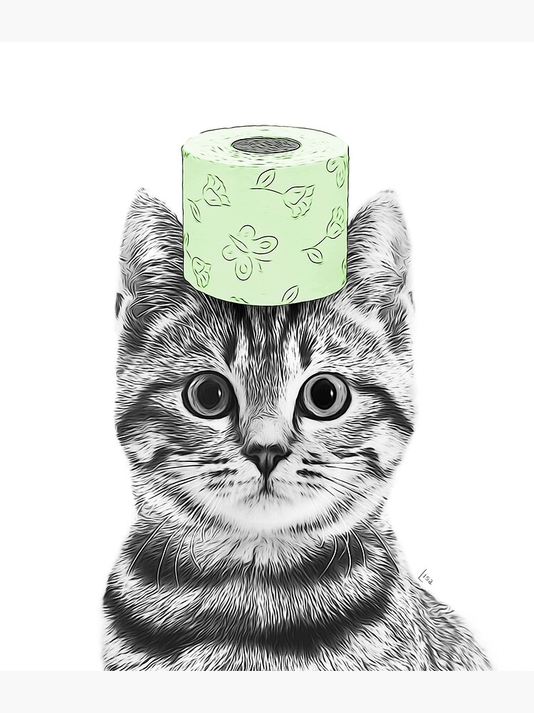 cat with toilet paper roll on head, bathroom wall art, bathroom decor,  nursery decor Poster for Sale by printablelisa