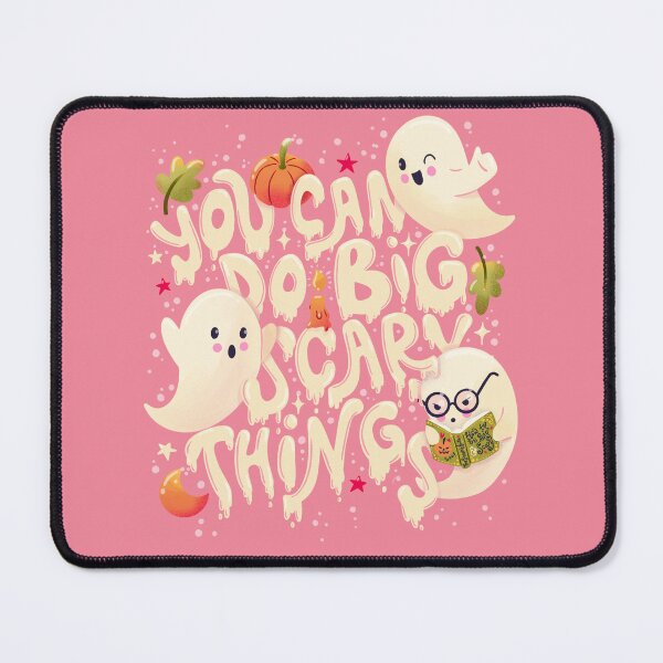 Item preview, Happy Halloween illustration with hand lettering message and cute ghosts, pumpkins and a book, pink. You can do big scary things. designed and sold by BlueLela.