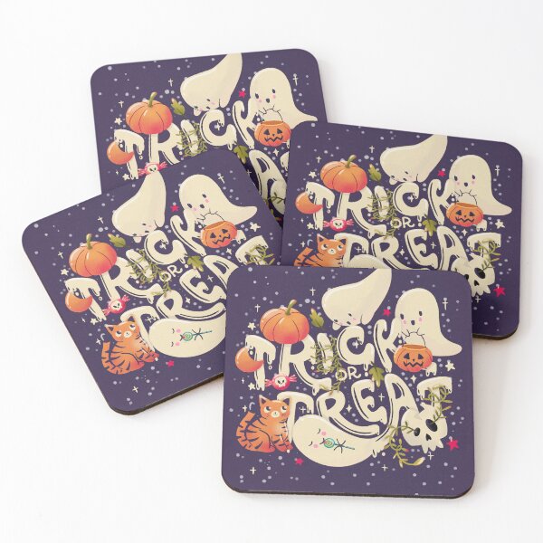 Item preview, Happy Halloween illustration with hand lettering message and cute ghosts, cat, skull and pumpkins, dark. Trick or treat.  designed and sold by BlueLela.
