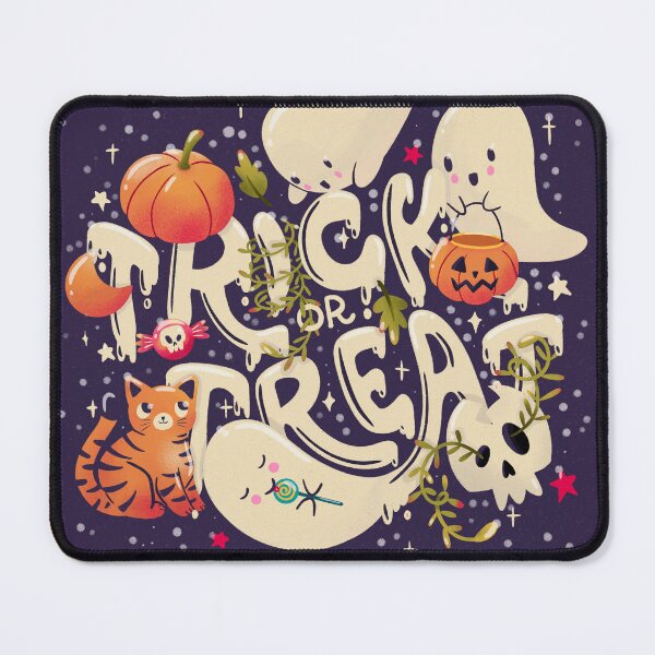 Item preview, Happy Halloween illustration with hand lettering message and cute ghosts, cat, skull and pumpkins, dark. Trick or treat. designed and sold by BlueLela.