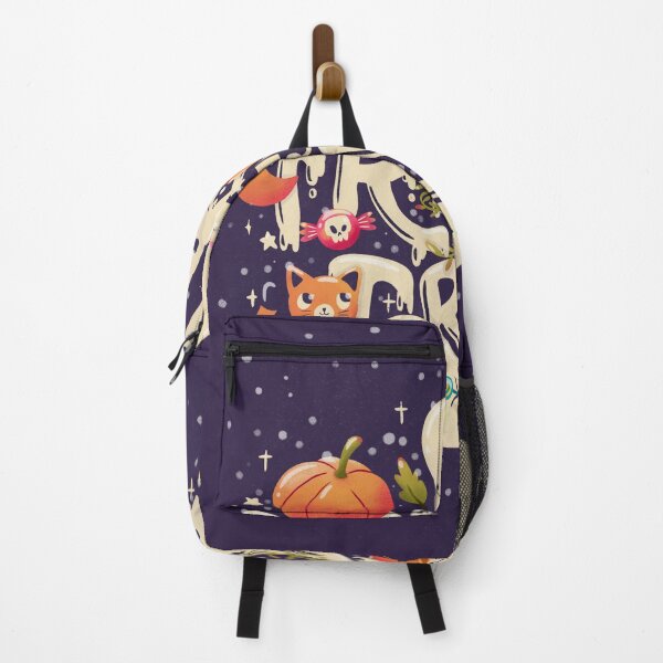 Item preview, Happy Halloween illustration with hand lettering message and cute ghosts, cat, skull and pumpkins, dark. Trick or treat.  designed and sold by BlueLela.