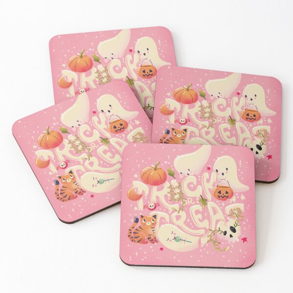 Item preview, Happy Halloween illustration with hand lettering message and cute ghosts, cat, skull and pumpkins, pink. Trick or treat. designed and sold by BlueLela.