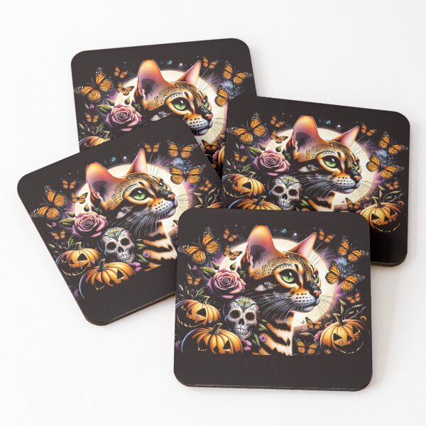 Item preview, Halloween Dia de los Muertos Bengal Cat Amidst Pumpkins designed and sold by jonrdesign.