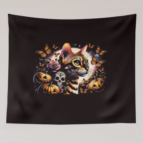 Item preview, Halloween Dia de los Muertos Bengal Cat Amidst Pumpkins designed and sold by jonrdesign.