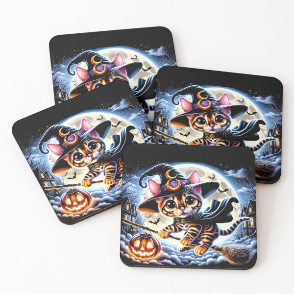 Item preview, Halloween Cute Bengal Cat Witch Under a Full Moon Broomstick designed and sold by jonrdesign.