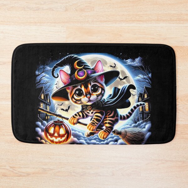 Item preview, Halloween Cute Bengal Cat Witch Under a Full Moon Broomstick designed and sold by jonrdesign.