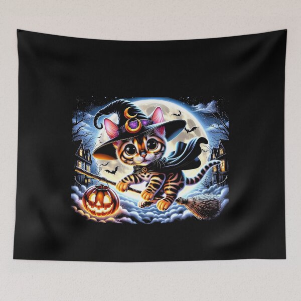 Item preview, Halloween Cute Bengal Cat Witch Under a Full Moon Broomstick designed and sold by jonrdesign.