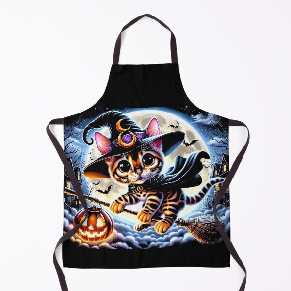 Item preview, Halloween Cute Bengal Cat Witch Under a Full Moon Broomstick designed and sold by jonrdesign.